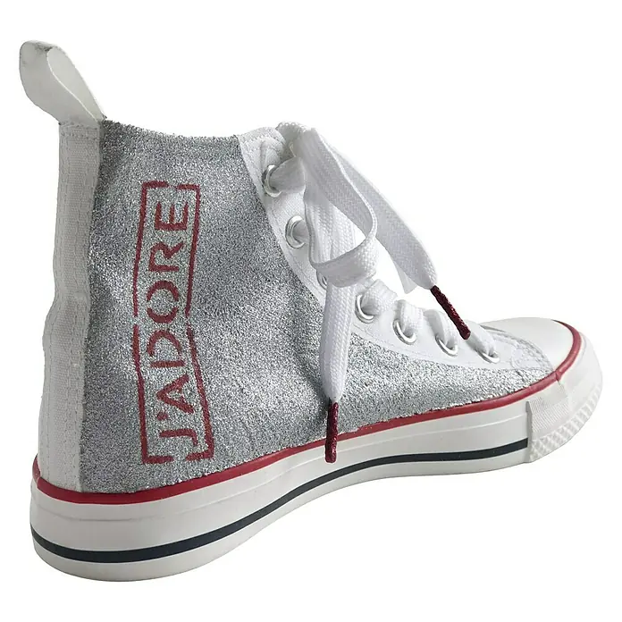 Fleur Purpurina Glitter - Plateado, 90 g, Brillante - Zapatillas altas con brillo y la palabra "J'ADORE", un calzado moderno y llamativo para cualquier ocasión.