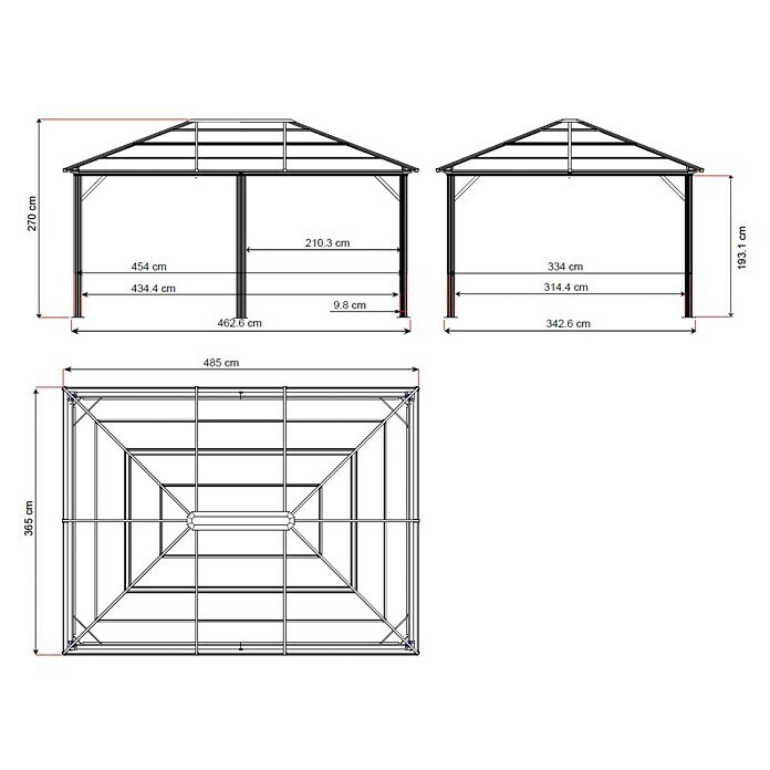 Sojag Pavillon Meridien 12 x 16L x B x H: 485 x 365 x 270 cm, Anthrazit, Walmdach Sketch