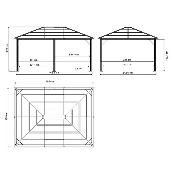 Sojag Standard-Pavillon Meridien 12 x 16 - B x T: 485 x 365 cm, Farbe Gestell: Anthrazit, Aluminium - Technische Zeichnung eines Pavillons mit Maßangaben zu Höhe, Breite und Tiefe.