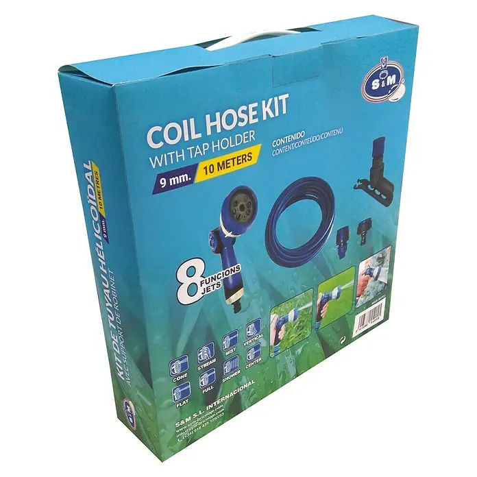 Kit de manguera helicoidal + soporte - Largo: 10 m - Embalaje del kit de manguera S&M con soporte, 9 mm, 10 metros, con 8 funciones de chorro para riego de jardín.