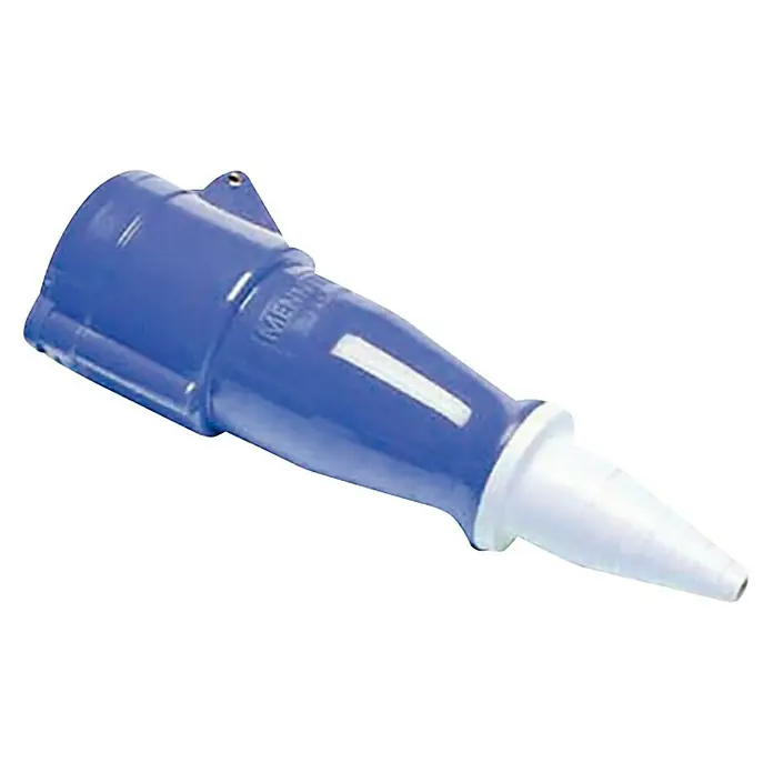 Conector standard - 16 A, Male - Un enchufe industrial azul Mennekes con un inserto blanco sobre un fondo negro. El enchufe es adecuado para aplicaciones de alta resistencia.