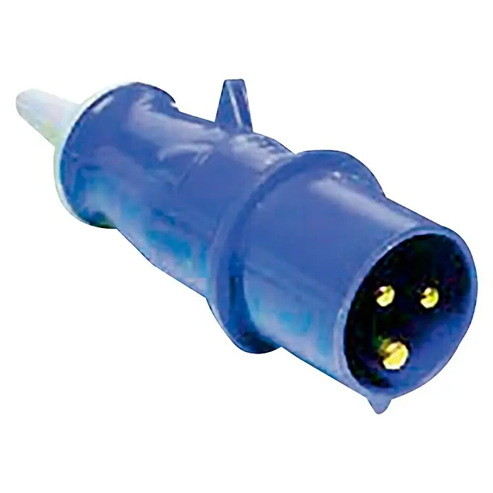 Enchufe standard - 16 A, Female - Primer plano de un enchufe industrial azul con tres pines, diseñado para aplicaciones de alta corriente en entornos industriales.