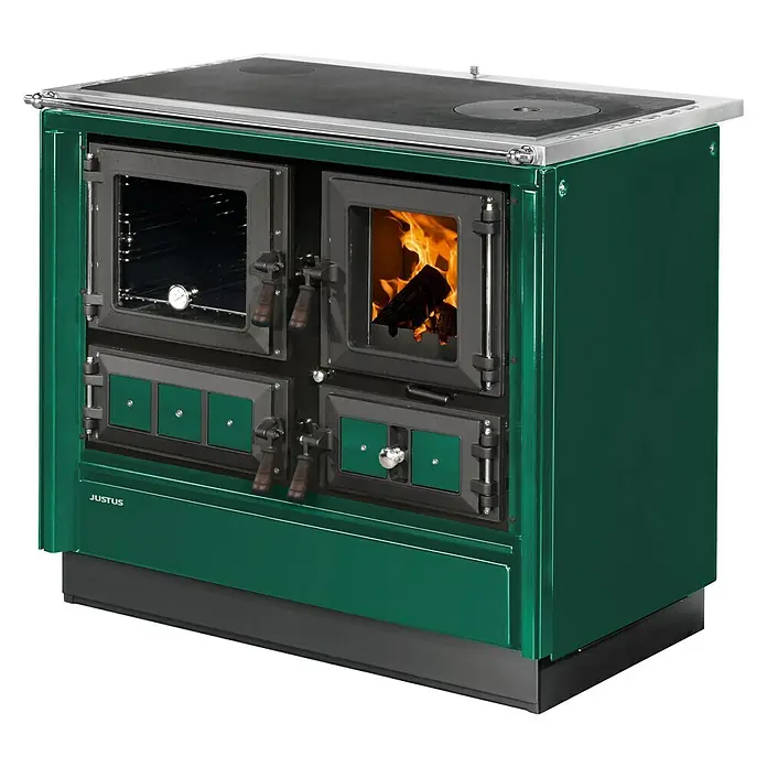 Justus Küchenherd Rustico-90 2.0 - 7 kW, Raumheizvermögen: 144 m³, Backofen links, Grün - Justus Küchenhexe: Der grüne Holzherd mit Kochfeld und Backofen bietet traditionelles Kochen und Heizen für gemütliche Stunden.