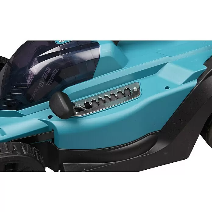 Makita LXT 18V Akku-Rasenmäher DLM330RM - 18 V, 1 Akku, 4 Ah, Schnittbreite: 33 cm - Nahaufnahme eines türkisfarbenen und schwarzen Akku-Werkzeugs, das den Batteriedeckel mit "Makita 18V 6.0Ah Lithium-Ion" und einen Höhenverstellhebel (1-8) zeigt.