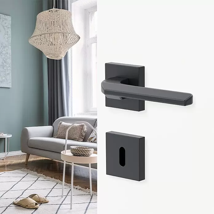 Diamond Doors Black Edition Zimmertürgarnitur Bellevue - Stärke Tür: 40 mm - 45 mm, Anthrazit, Buntbart - Modernes matt-schwarzes Türgriff-Set mit Hebel und Schlüsselloch-Rosette, ideal für zeitgemäße Einrichtungen.