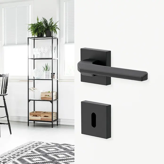 Diamond Doors Black Edition Zimmertürgarnitur Bellevue - Stärke Tür: 40 mm - 45 mm, Schwarz, Buntbart - Schwarzer Türgriff mit quadratischer Rosette und Schlüsselrosette. Modernes Design für Innentüren.