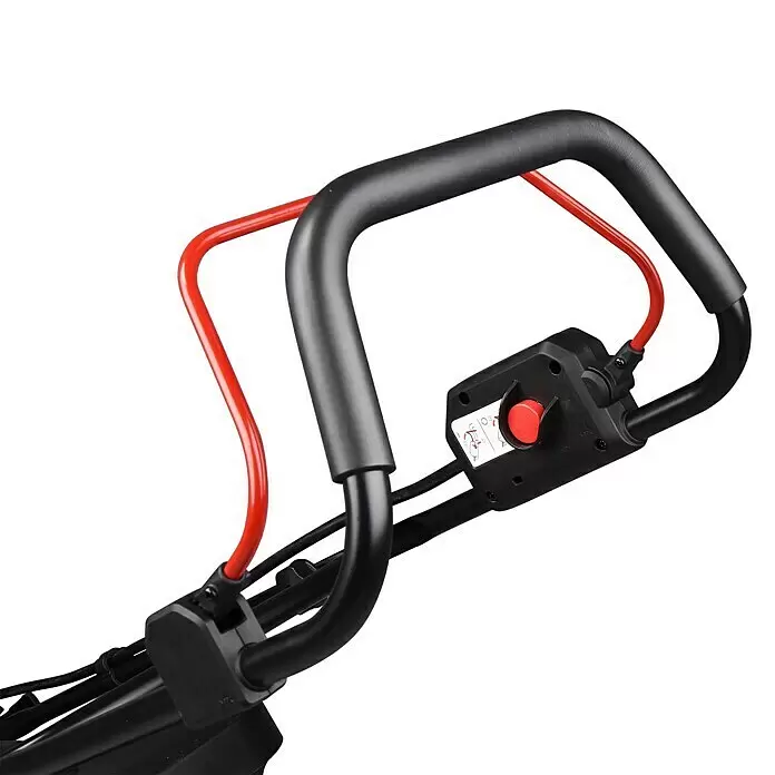 Makita LXT 18V Akku-Rasenmäher DLM330RM - 18 V, 1 Akku, 4 Ah, Schnittbreite: 33 cm - Schwarzer Griff mit rotem Sicherheitshebel und rotem Start/Stopp-Knopf für ein Gartenstromwerkzeug.