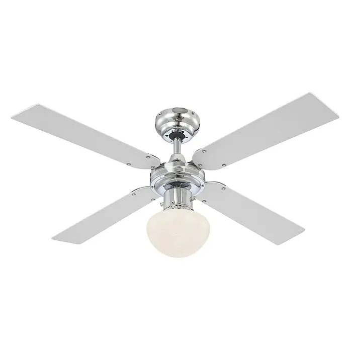 Globo Deckenventilator Champion - Chrom, 105 cm, 60 W - Ein Deckenventilator mit vier weißen Flügeln und einer runden, milchigen Glühbirne in der Mitte, ideal für die stilvolle Beleuchtung und Kühlung.
