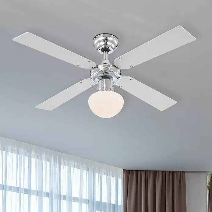 Globo Deckenventilator Champion - Chrom, 105 cm, 60 W - Ein moderner Deckenventilator mit weißen Flügeln, einem verchromten Motorgehäuse und einer runden weißen Lichtkugel über weißen und braunen Vorhängen.