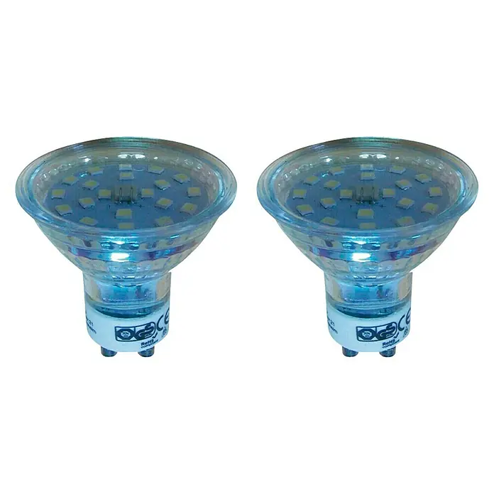 Voltolux LED-Lampen Set Reflektor GU10 - GU10, Nicht Dimmbar, Tageslichtweiß, 370 lm, 4 W, 2 Stk. - Zwei LED-Lampen mit klarer Abdeckung, die eine moderne und energieeffiziente Beleuchtungslösung darstellen.