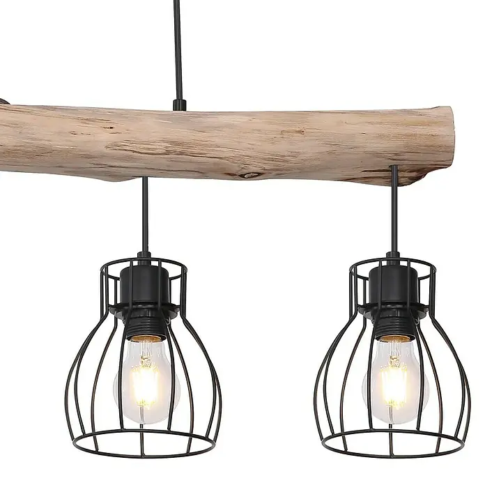 Globo Mina Lámpara colgante - 40 W, L x An x Al: 82,5 x 13,6 x 140 cm, Negro, E27, 4 ud. - Una lámpara colgante rústica con viga de madera y dos pantallas de alambre negro, creando un ambiente acogedor.