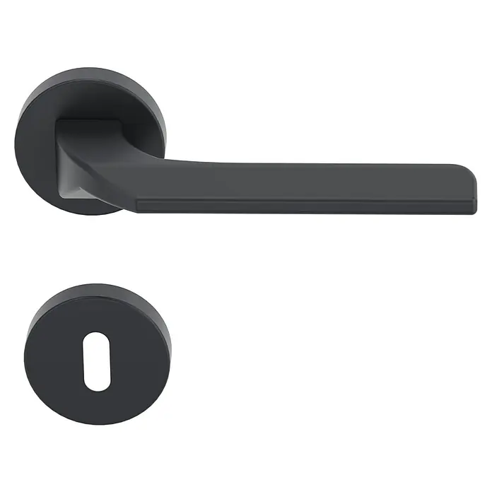 Diamond Doors Black Edition Zimmertürgarnitur Boston - Anthrazit, Stärke Tür: 40 mm - 45 mm, Buntbart - Elegante schwarze Türgarnitur mit einem schlanken Hebel und einem passenden Schlüsselloch, die modernes Design und Funktionalität vereint.