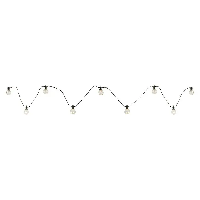 Globo Guirnalda luminosa LED Almaga - Para exterior, 7,5 m, Color de luz: Blanco cálido - Guirnalda de luces con bombillas redondas en un cable negro sinuoso sobre un fondo oscuro, ideal para crear iluminación ambiental.