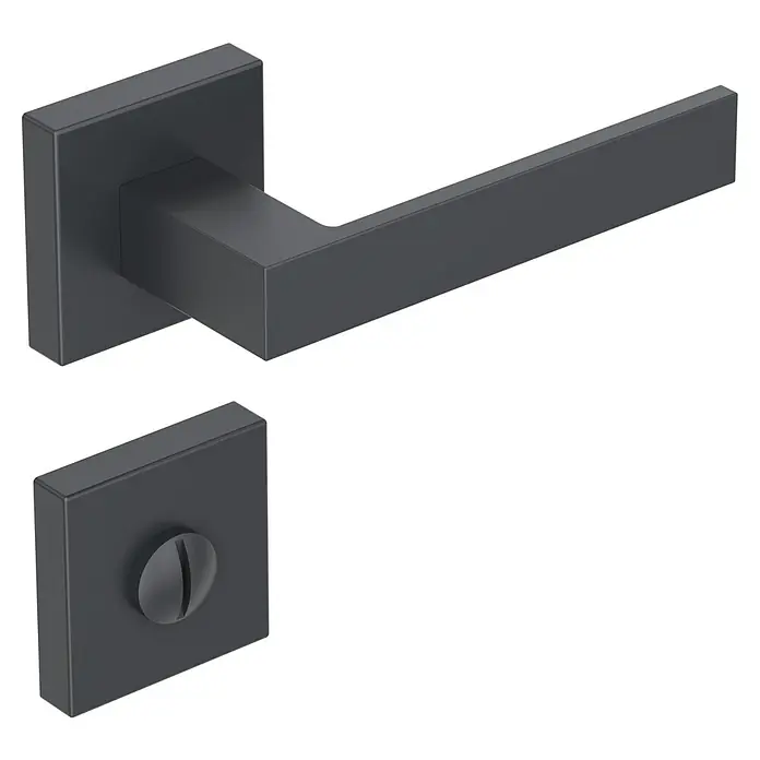 Diamond Doors Black Edition Zimmertürgarnitur WC Savannah - Stärke Tür: 40 mm - 45 mm, Sonstiges, Anthrazit, Schlitzkopf/Olive - Nahaufnahme eines modernen, mattschwarzen Türgriffs mit quadratischer Rosette und einem passenden Drehknopf für Badezimmertüren.