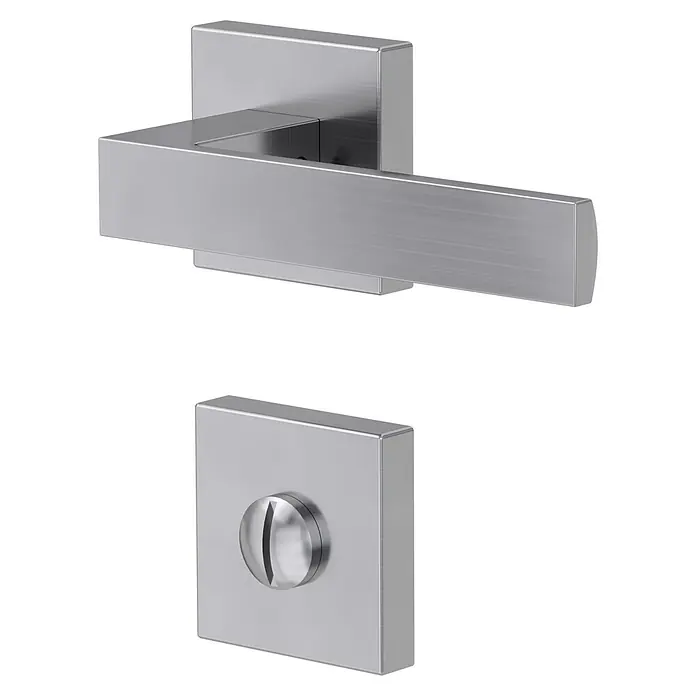 Diamond Doors Creative Zimmertürgarnitur WC Savannah - Stärke Tür: 40 mm - 45 mm, Edelstahl-Optik matt, Schlitzkopf/Olive - Modernes Türbeschlag-Set mit einem kantigen Türgriff und einem Drehknopf auf einer quadratischen Rosette in Silber für ein elegantes Interieur.