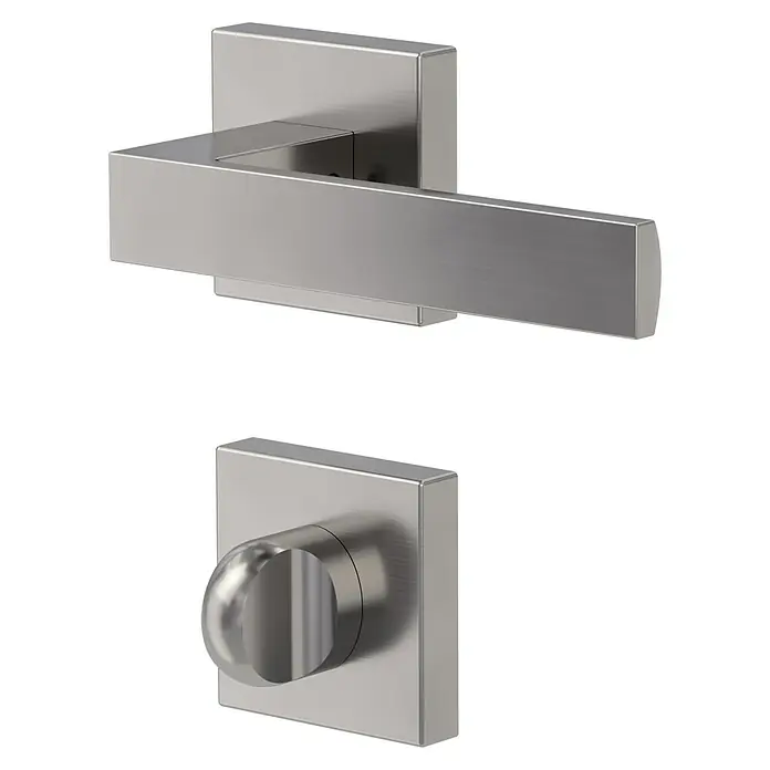 Diamond Doors Creative Zimmertürgarnitur WC Savannah - Stärke Tür: 40 mm - 45 mm, Samtgrau, Schlitzkopf/Olive - Bild eines Türgriffs mit einem modernen Design und einer Drehknopfverriegelung in gebürstetem Nickel.