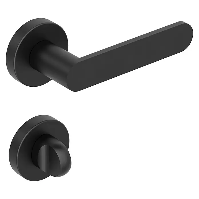 Diamond Doors Black Edition Drückergarnitur Vancouver - Stärke Tür: 38 mm - 45 mm, Schwarz, Schlitzkopf/Olive - Nahaufnahme einer schwarzen Türgarnitur mit elegantem, modernem Design und runder Rosette auf schwarzem Hintergrund.