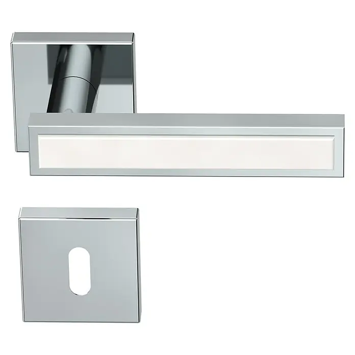 Diamond Doors Zimmertürgarnitur Tyler White - Chrom Weiß, Stärke Tür: 40 mm - 45 mm, Buntbart - Türbeschlag-Garnitur: Chromglänzend mit einem eleganten, rechteckigen Griff und dazu passender Schlüsselrosette für ein modernes Ambiente.