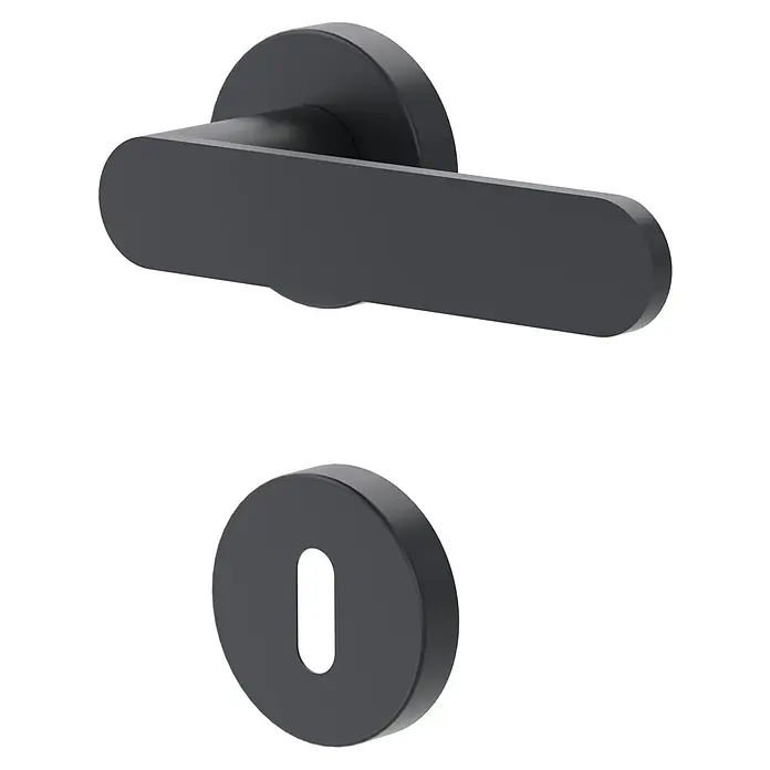 Diamond Doors Black Edition Drückergarnitur Vancouver - Stärke Tür: 38 mm - 45 mm, Anthrazit, Buntbart - Nahaufnahme eines mattschwarzen Türgriffs und Schlüssellochs. Der Griff ist horizontal, das Schlüsselloch darunter positioniert.