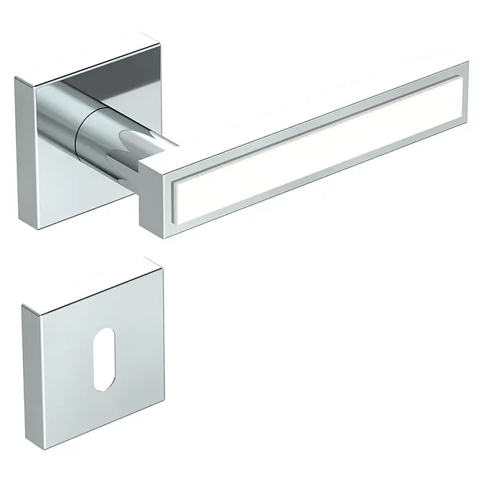Diamond Doors Zimmertürgarnitur Tyler White - Chrom Weiß, Stärke Tür: 40 mm - 45 mm, Buntbart - Türdrücker-Garnitur aus Chrom mit eckigem Design. Die Türrosette und der Türgriff sind glänzend und modern gestaltet.