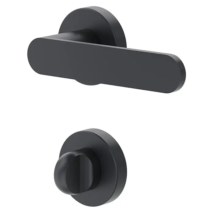 Diamond Doors Black Edition Drückergarnitur Vancouver - Stärke Tür: 38 mm - 45 mm, Anthrazit, Schlitzkopf/Olive - Nahaufnahme eines schwarzen Türgriff-Sets, bestehend aus Hebelgriff und Drehknopf auf schwarzem Hintergrund. Elegantes Türbeschlag-Design.