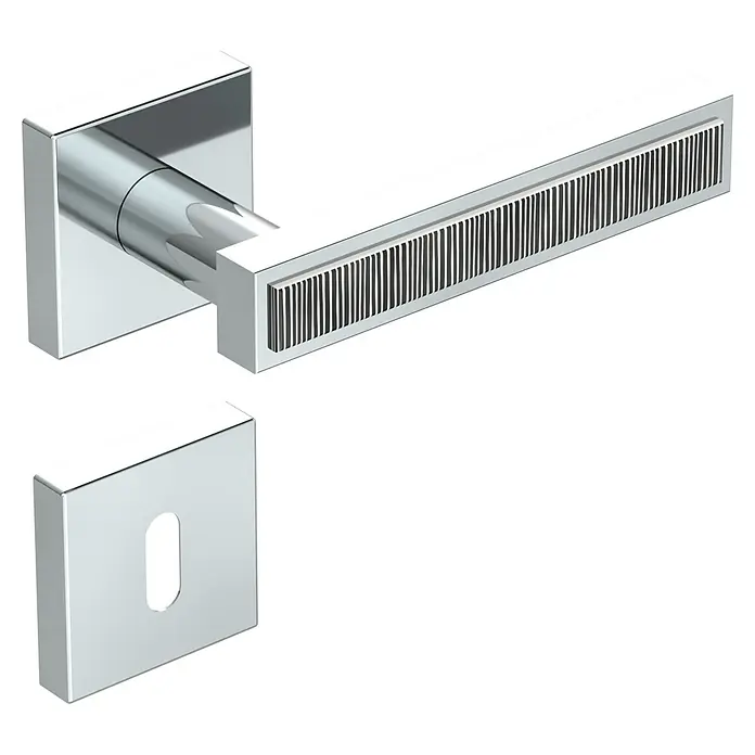 Diamond Doors Zimmertürgarnitur Tyler Zebra - Chrom Zebra, Stärke Tür: 40 mm - 45 mm, Buntbart - Moderner Türgriff mit quadratischer Rosette und geriffeltem Griffdesign, glänzende Chromoberfläche für ein elegantes Erscheinungsbild.