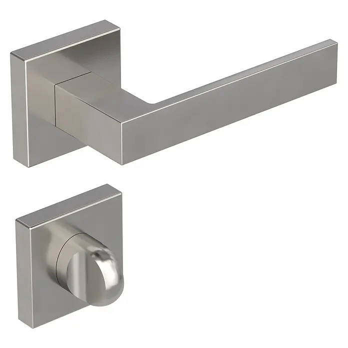 Diamond Doors Creative Zimmertürgarnitur WC Savannah - Stärke Tür: 40 mm - 45 mm, Samtgrau, Schlitzkopf/Olive - Elegantes Türbeschlag-Set in gebürstetem Nickel. Das Set beinhaltet einen Türgriff mit quadratischer Rosette und einen Drehknopf für Badezimmer oder Toiletten.