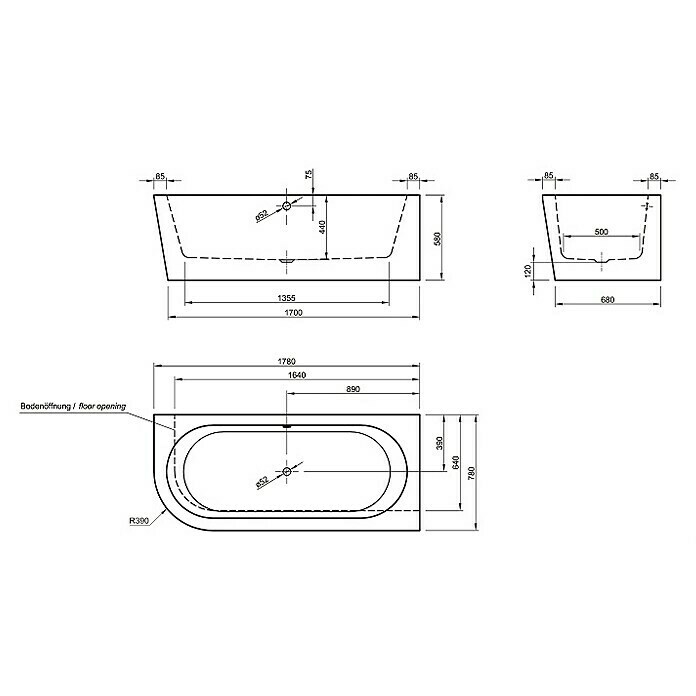 Ottofond Freistehende Badewanne Siesta CornerLinksseitig, 178 x 78 cm, Sanitäracryl, Weiß Sketch