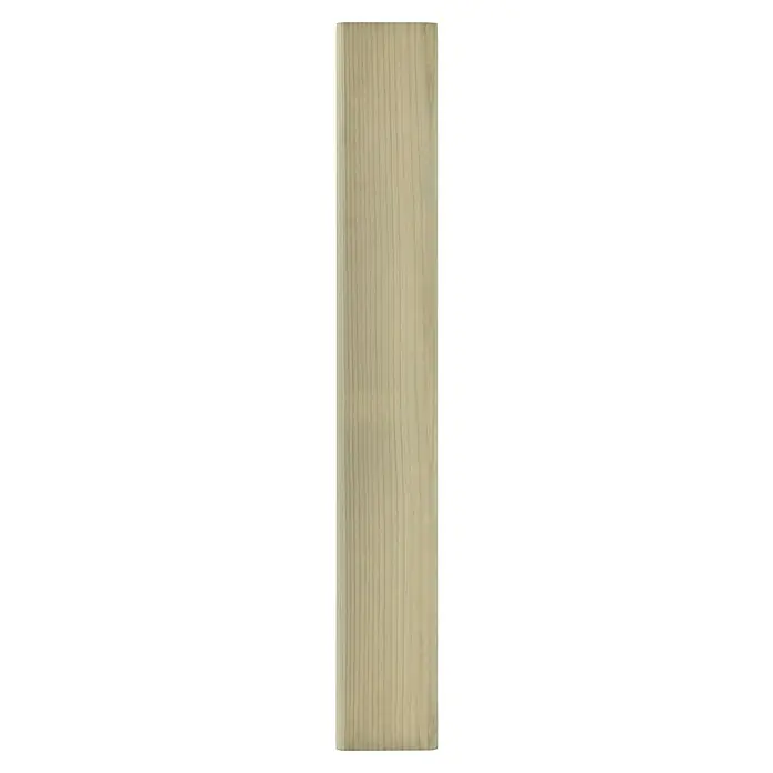 Kantholz - Durchmesser: 7 cm, 300 cm, Kiefer/Fichte, Kesseldruckimprägniert - Ein helles Holzbrett mit feiner Maserung, ideal für Schreinerarbeiten und Möbelbau, wird in dieser Nahaufnahme präsentiert.