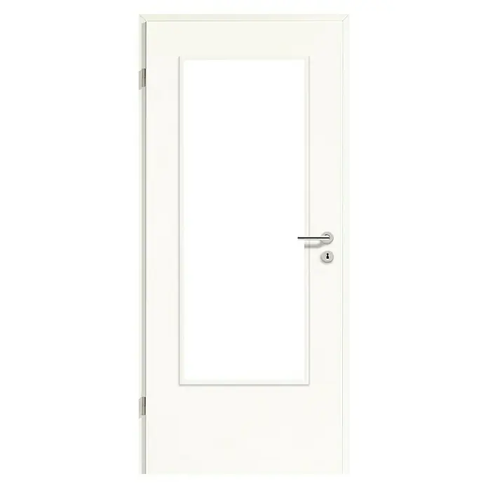GetaDoor Laminit Zimmertür GL 222 LA - 735 x 1.985 mm, DIN Anschlag: Links, Arctic Weiß, Röhrenspan - Eine weiße Tür mit einem schwarzen rechteckigen Einsatz, komplett mit Griff und Schloss, die einen modernen Look erzeugt.