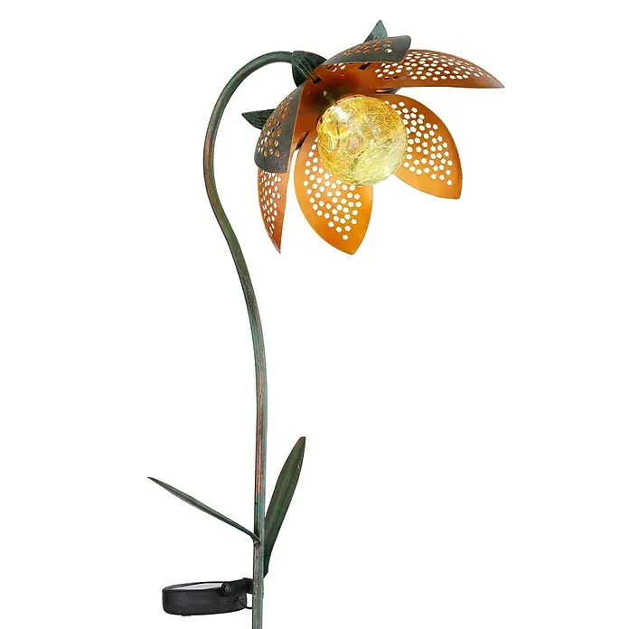 Globo Solar-Dekoleuchte - L x B x H: 25 x 15 x 90 cm, Grün, Gold, Amber, IP44 - Metall-Gartenstecker in Blumenform mit LED-Beleuchtung. Stimmungsvolle Dekoration für den Außenbereich.
