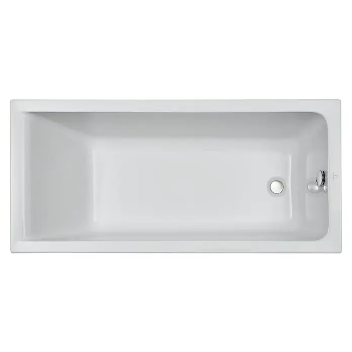 Camargue Badewanne Orlando - 150 x 70 cm, Sanitäracryl, Weiß - Blick von oben auf eine rechteckige Badewanne aus Keramik mit Ablauf und Bedienelementen für den Abfluss, die sich auf der rechten Seite befinden.