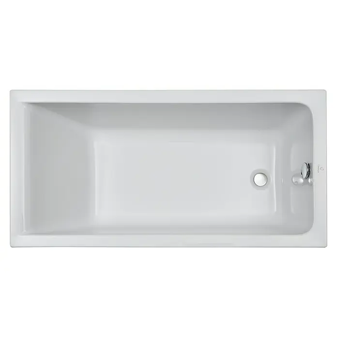 Camargue Badewanne Orlando - 140 x 70 cm, Sanitäracryl, Weiß - Draufsicht auf eine rechteckige Badewanne in Weiß mit verchromtem Abfluss und Armaturen. Praktisch und stilvoll für jedes Badezimmer.