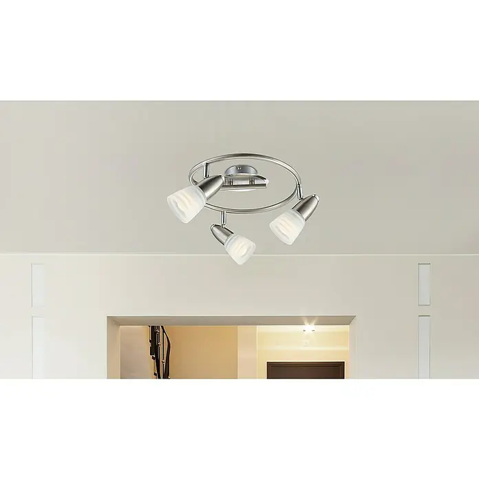Globo Caleb LED-Wand- & Deckenstrahler - 12 W, Chrom, Opal, Warmweiß, 3 Stk. - Deckenleuchte mit drei Strahlern. Das chromfarbene Design und die Lampenschirme machen sie zu einem eleganten Hingucker.