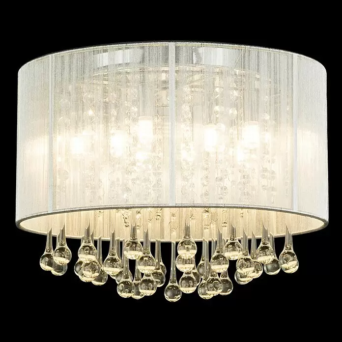 Globo Sierra Plafón LED redondo - 24 W, Plateado metálico, Claro, Cromo, Blanco cálido - Lámpara de techo tipo tambor iluminada con pantalla de tela transparente y lágrimas de cristal.