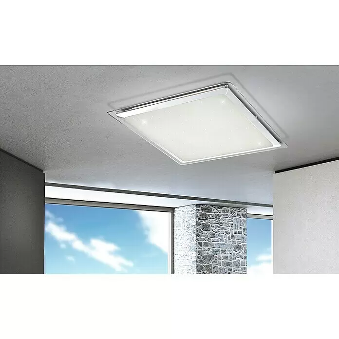 Lavida LED-Deckenleuchte Vestone - 30 W, L x B x H: 44,5 x 44,5 x 7 cm, Weiß, Opal - Quadratische LED-Deckenleuchte mit weißem Gehäuse und Sternenlichteffekt, an einer strukturierten grauen Decke montiert.