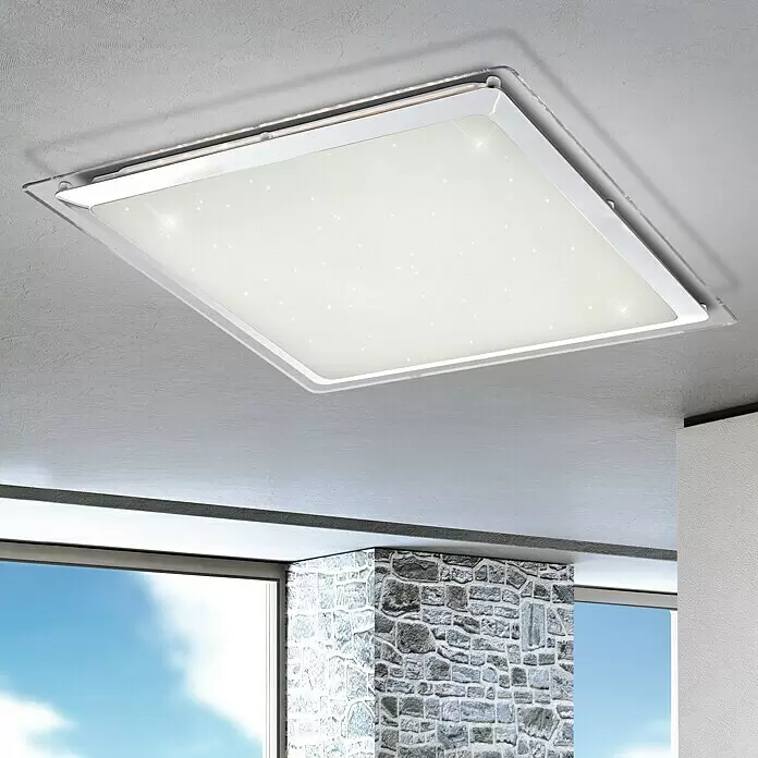 Lavida LED-Deckenleuchte Vestone - 30 W, L x B x H: 44,5 x 44,5 x 7 cm, Weiß, Opal - Moderne rechteckige LED-Deckenleuchte mit funkelndem Sternenhimmel-Effekt auf weißem Diffusor und elegantem Silberrahmen.