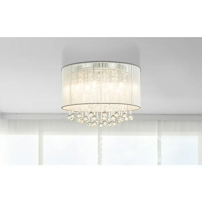 Globo Sierra Plafón LED redondo - 24 W, Plateado metálico, Claro, Cromo, Blanco cálido - Elegante lámpara de techo con pantalla de tela y gotas de cristal.