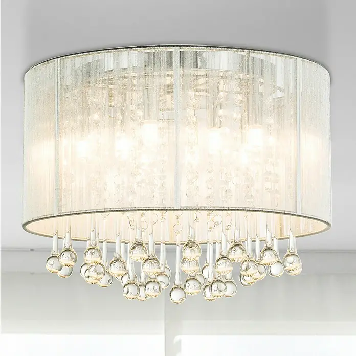 Globo Sierra Plafón LED redondo - 24 W, Plateado metálico, Claro, Cromo, Blanco cálido - Elegante lámpara de techo con pantalla de tela y gotas de cristal brillantes, que añade un toque de lujo a cualquier habitación.