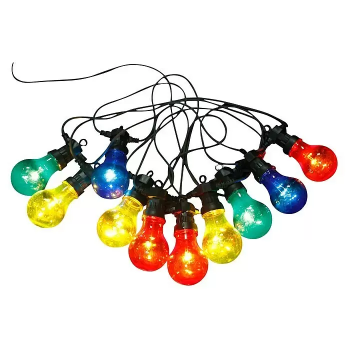 Globo Guirnalda LED para fiestas Nirvana - 4,2 W, Largo: 450 cm - Una guirnalda de luces de colores con bombillas verdes, amarillas, rojas y azules, conectadas por un cable eléctrico negro.