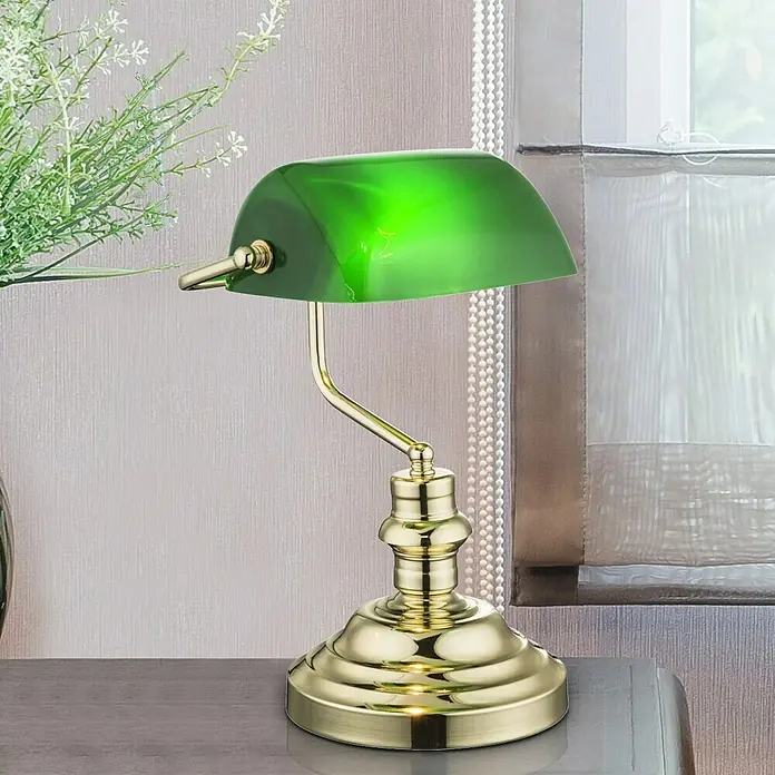 Globo Tischleuchte Bankerslamp - 60 W, L x B x H: 25 x 19 x 36 cm, Messing, Grün, E27 - Elegante Bankerlampe mit grünem Glasschirm und goldenem Fuß, die einen Hauch von klassischem Stil in jeden Raum bringt.