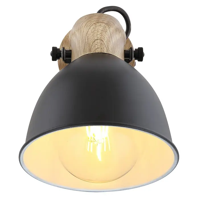 Globo Wandstrahler WIHO - 40 W, Schwarz, E27, 1 Stk. - Nahaufnahme einer modernen Wandlampe mit Holzsockel und schwarzem Lampenschirm, die ein warmes Licht ausstrahlt.