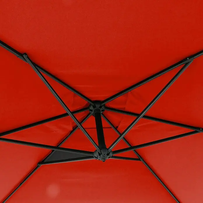 Sunfun Ampelschirm Toscana - Chili, Bespannungsmaß (L x B): 200 x 250 cm - Nahaufnahme eines roten Sonnenschirms mit schwarzem Gestell.