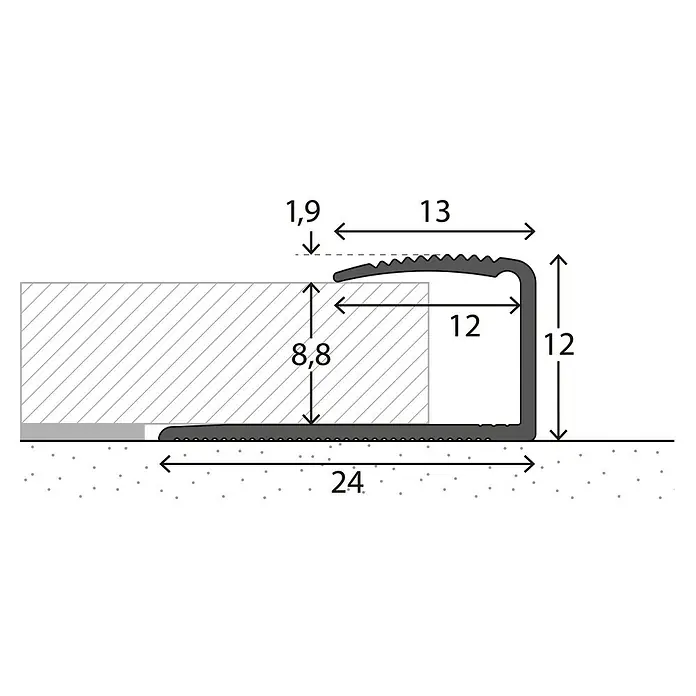 LOGOCLIC Endprofil 250 - Sahara, 2,7 m x 24 mm x 12 mm, Montageart: Kleben - Abbildung eines Treppenkantenprofils mit Abmessungen, zur Verdeutlichung der Konstruktionsdetails.