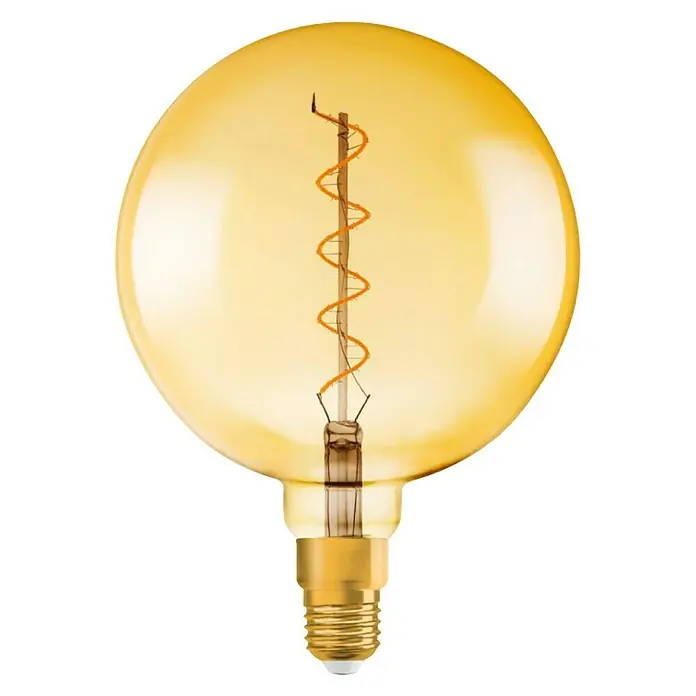 Osram Vintage 1906 Bombilla LED - E27, Blanco cálido, 300 lm, 5 W - Primer plano de una bombilla decorativa de color dorado con filamento visible sobre un fondo negro.