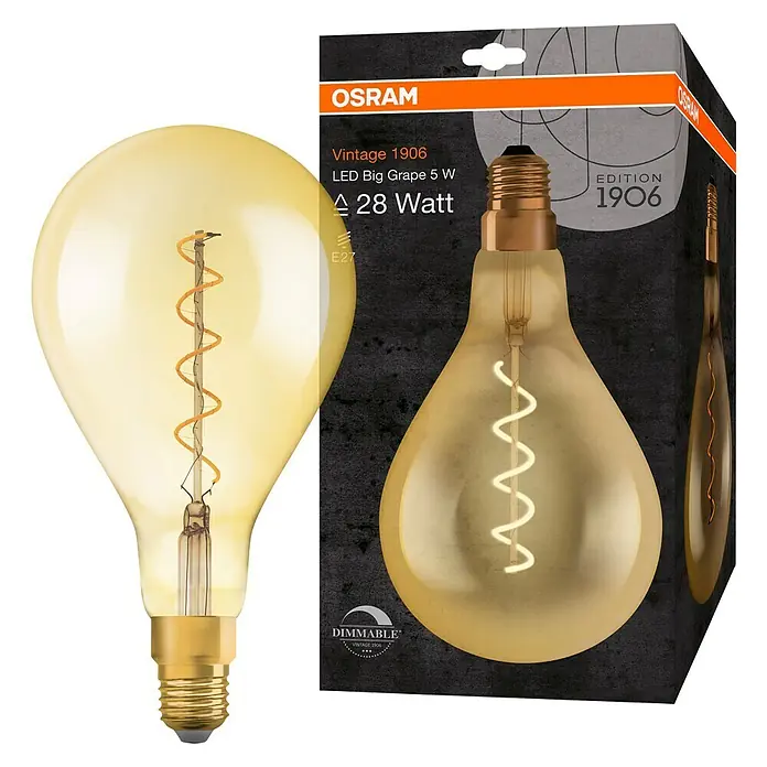 Osram Vintage 1906 Bombilla LED - E27, Blanco cálido, 300 lm, 4 W - Bombilla LED Osram Vintage 1906 Big Grape 5W: Bombilla decorativa regulable con aspecto retro para iluminación ambiental.