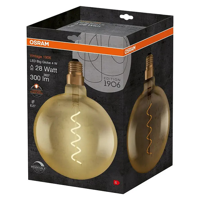 Osram Vintage 1906 Bombilla LED - E27, Blanco cálido, 300 lm, 5 W - Una toma de producto de la lámpara Osram Vintage 1906 LED Big Globe 4 W, que proporciona luz blanca cálida y es regulable.