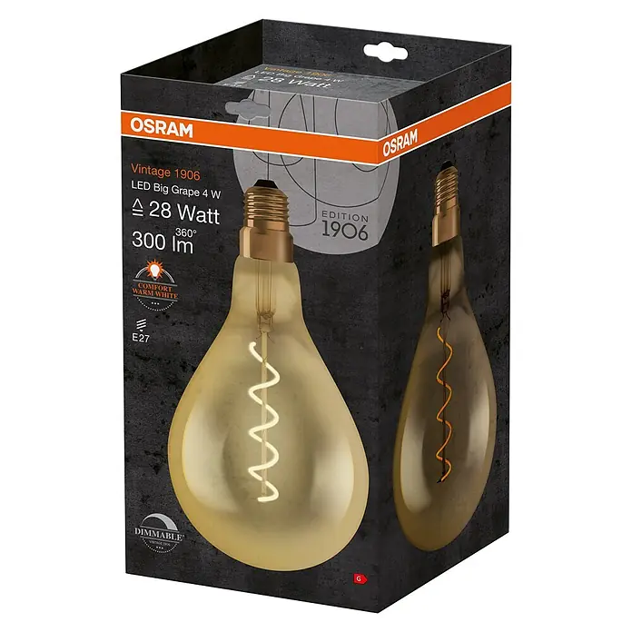 Osram Vintage 1906 Bombilla LED - E27, Blanco cálido, 300 lm, 4 W - Embalaje de una bombilla Osram Vintage 1906 LED Big Grape 4 W, destacando su equivalencia a 28 Watts y 300 lúmenes.