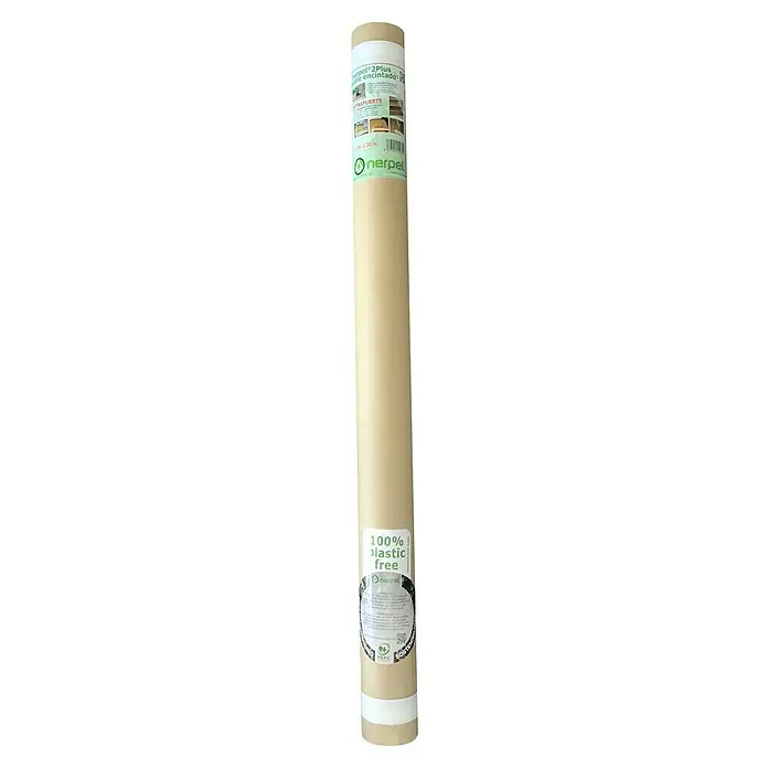 Papel protector Doble encintado - L x An: 20 m x 90 cm - Un rollo de papel Nerpel, que es 100% libre de plástico y extra fuerte. El rollo es de color marrón claro y tiene información del producto.
