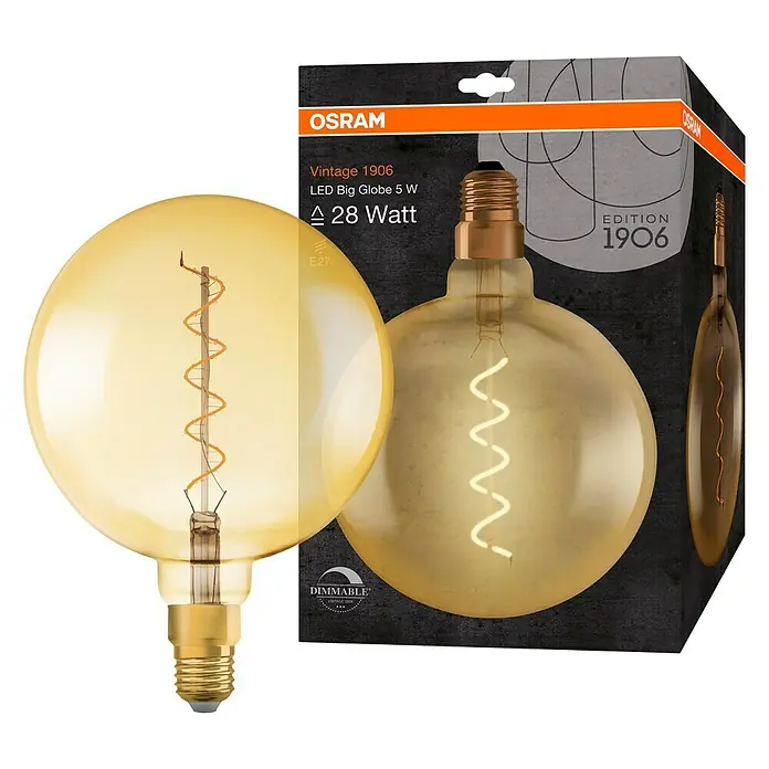 Osram Vintage 1906 Bombilla LED - E27, Blanco cálido, 300 lm, 5 W - Lámpara Osram Vintage 1906 LED Big Globe 5W, emitiendo una luz cálida y regulable, un complemento decorativo para cualquier estancia.